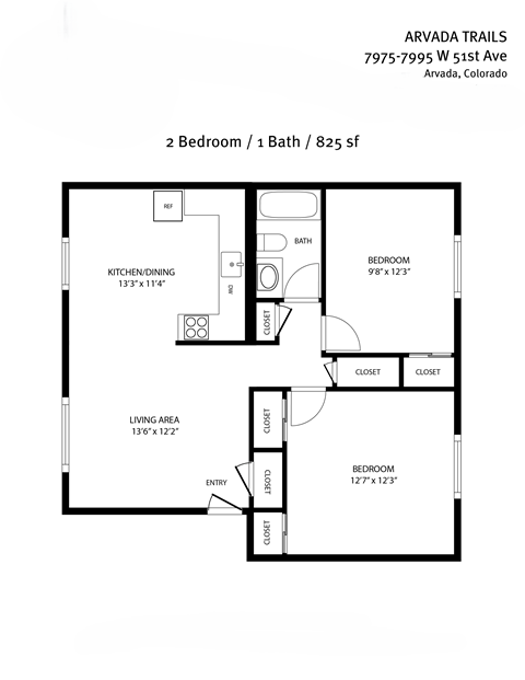 Floor plan for 2 beds, 1 bath, 825 sqft